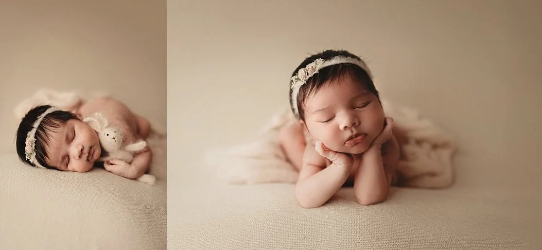A two-image newborn collage: the left frame shows a sleeping baby girl snuggling a small knit bunny prop; the right frame shows her in a "chin-on-hands" pose wearing a floral headband.