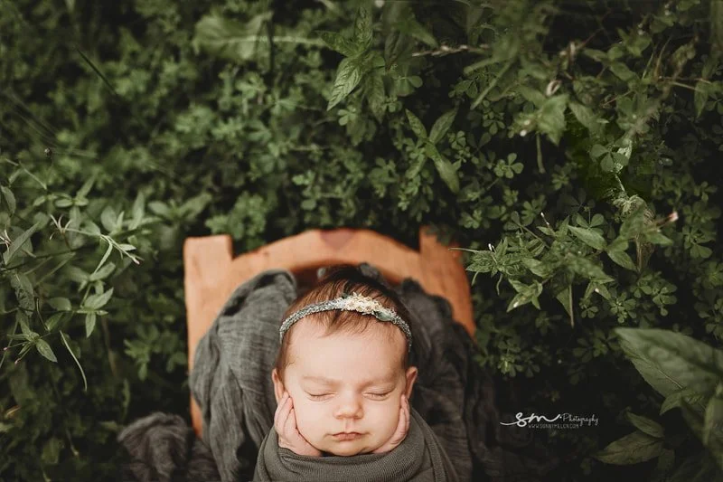 A top-down view of a sleeping newborn baby girl in a "chin-on-hands" pose, resting on a dark gray wrap inside a rustic wooden cradle surrounded by dense green foliage.