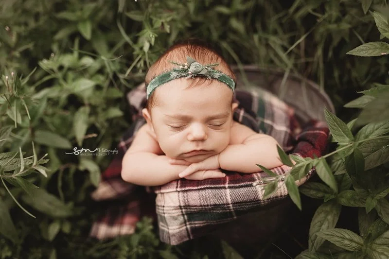 A top-down view of a sleeping newborn baby girl in a "chin-on-hands" pose, resting on a dark red and green plaid blanket inside a bucket nestled in green garden leaves.