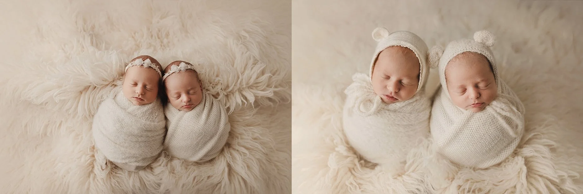 This studio newborn twin collage showcases the art of safely and beautifully posing multiples in Portland, Oregon . The images feature the twins snuggly swaddled in premium cream knit wraps , resting peacefully on a plush, neutral flokati rug. The styling transitions from delicate floral headbands to whimsical knit bear bonnets , illustrating the versatile and timeless prop options provided by the best newborn photographers in the area . These portraits reflect a high-end, minimalist aesthetic that focuses on the unique connection between siblings during their first few weeks of life.