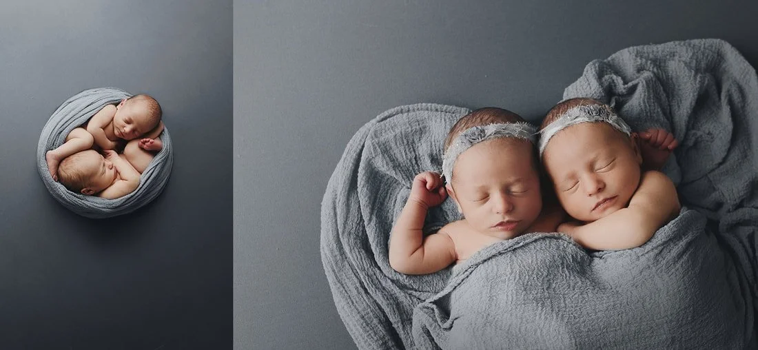 A two-image collage of newborn twins sleeping in a slate gray studio; the left frame shows them curled together in a circular "womb" pose, and the right frame shows a close-up of them tucked under a textured gray wrap.