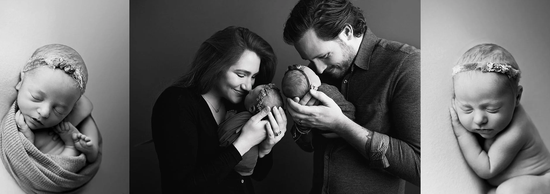 A three-image black and white collage featuring newborn twins; the center frame shows a mother and father each holding a twin, while the side frames show individual close-up portraits of each baby.