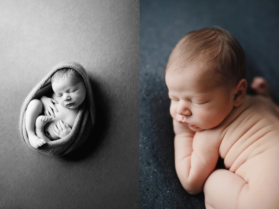 Two-image collage: Left, a B&amp;W artistic womb pose. Right, a close-up color portrait of the baby sleeping on its side against a dark backdrop.