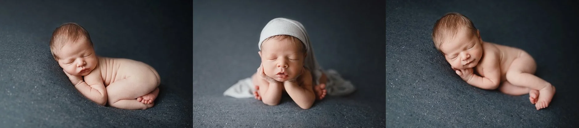 A three-image collage of a sleeping newborn baby in various poses, including a side-lying pose and a "chin-on-hands" pose with a sleepy cap, all set against a dark textured backdrop.