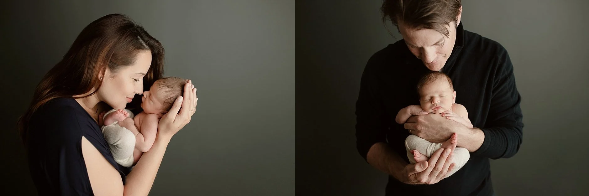 A two-image collage featuring a mother lovingly nuzzling her sleeping newborn on the left, and a father cradling the same baby in his arms on the right, both against a dark olive studio backdrop.