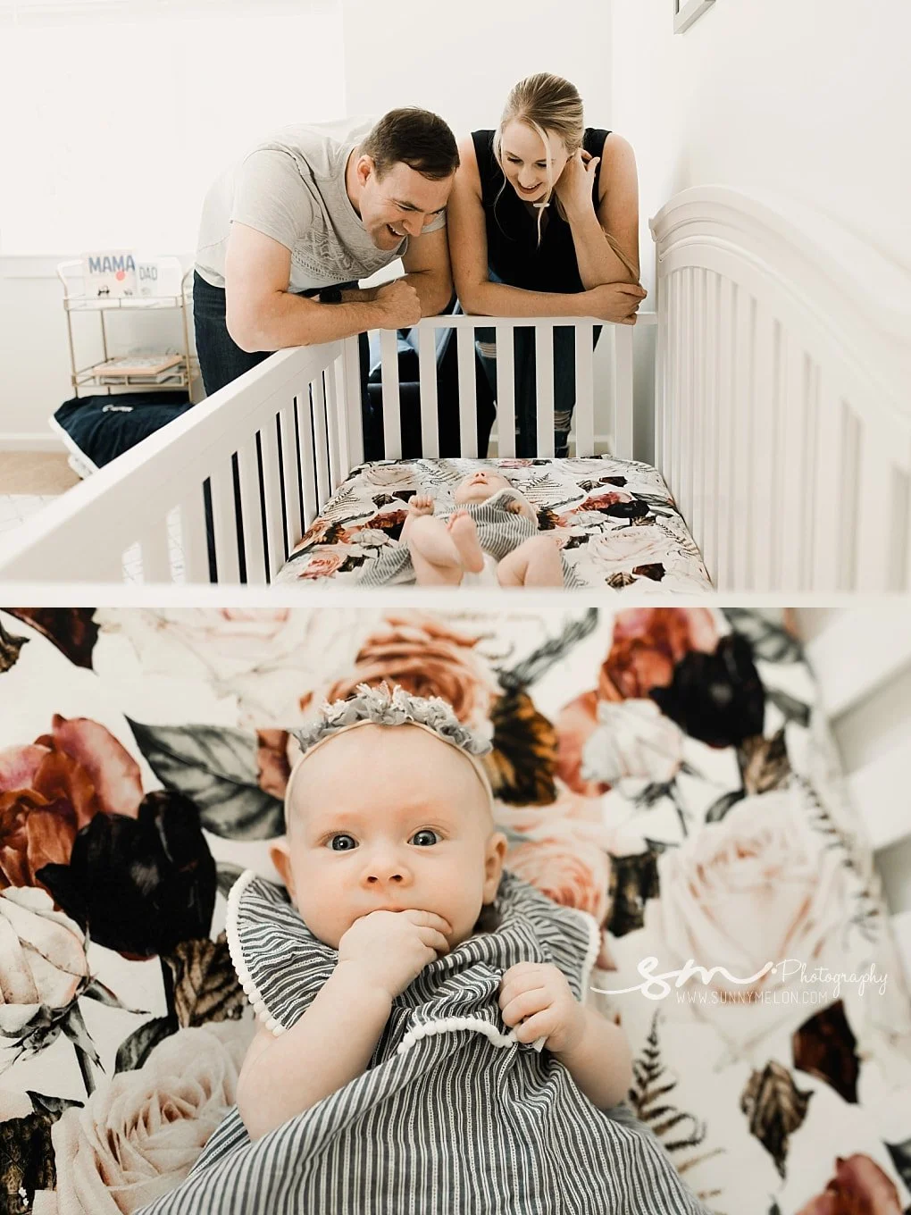 A two-image lifestyle collage; the top frame shows parents laughing as they lean over a white crib looking at their baby, and the bottom frame is a close-up of the baby girl lying on floral sheets.