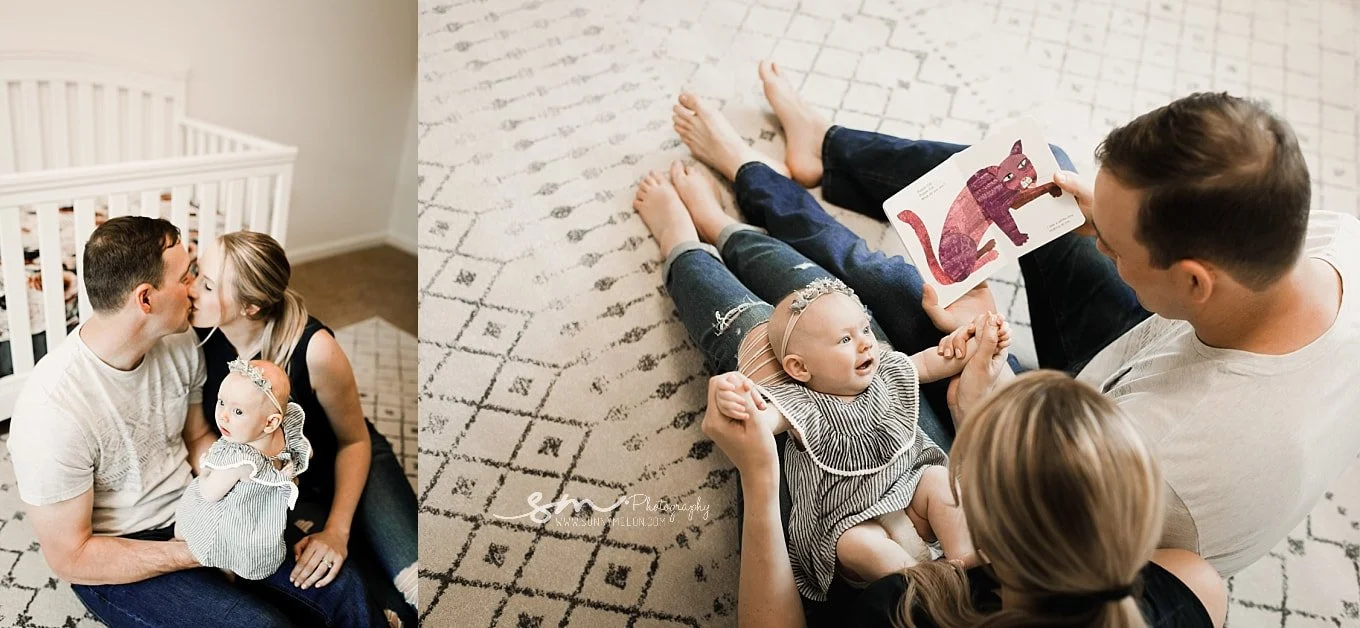 A two-image collage; left frame shows parents kissing while holding their baby in a nursery, and right frame shows the family sitting on a rug while the father reads a book to the baby.