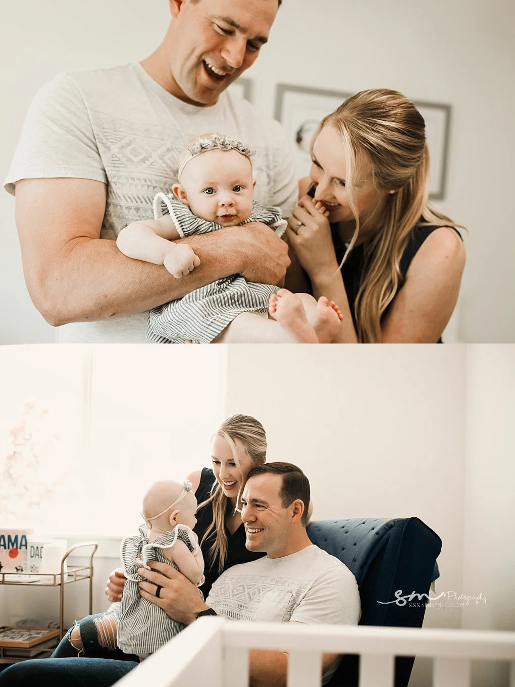 A two-image collage; top frame shows a father holding his baby girl while the mother smiles beside them, bottom frame shows the family sitting in a blue velvet nursery chair together.