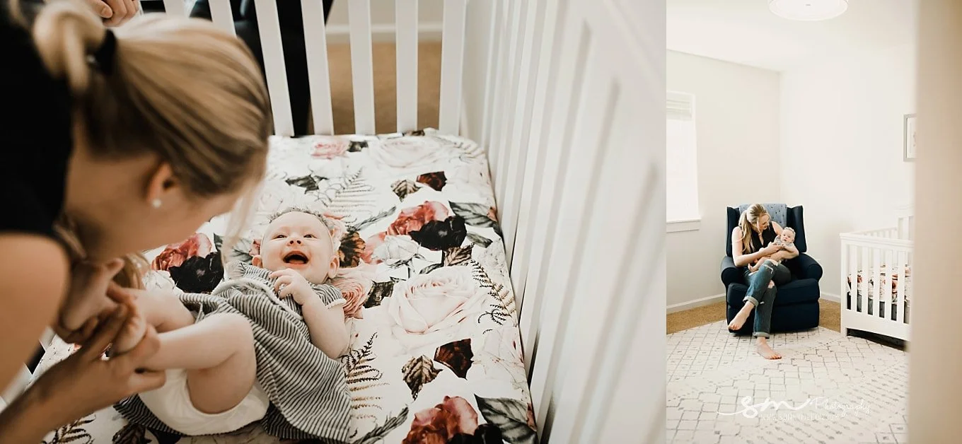 A collage; left frame shows a mother leaning over a white crib tickling her laughing baby, the right frame shows the mother sitting in a blue velvet chair holding the baby in a bright nursery.
