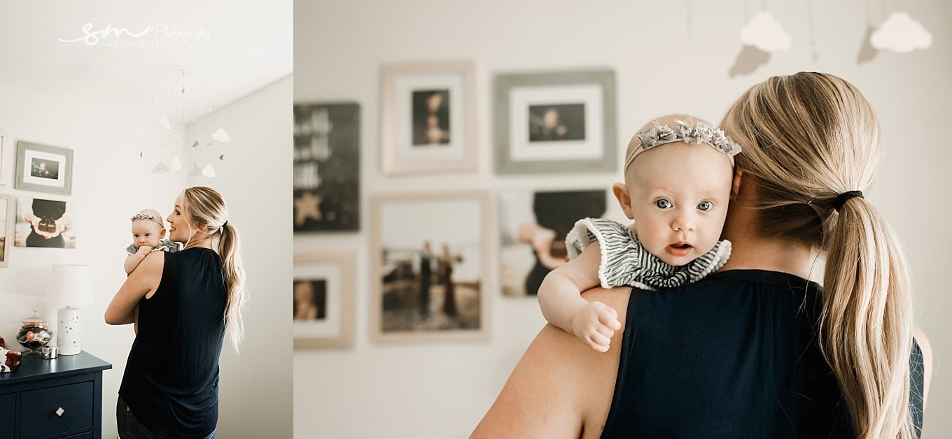 A two-image lifestyle collage; the left frame shows a mother with a blonde ponytail carrying her baby in a nursery, and the right frame is a close-up of the baby looking over the mother's shoulder.