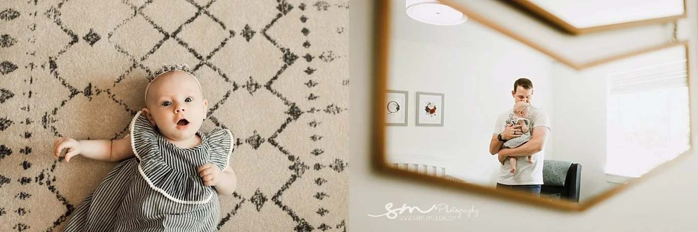 A collage; left frame shows a baby girl in a striped romper lying on a cream geometric rug, right frame shows a father holding and kissing the baby's head as seen through a mirror reflection.