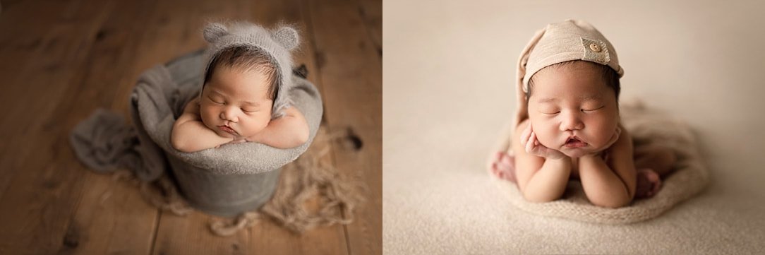 Sleeping newborn baby in a grey bear bonnet and a tan sleepy cap, featuring professional froggie and bucket poses.