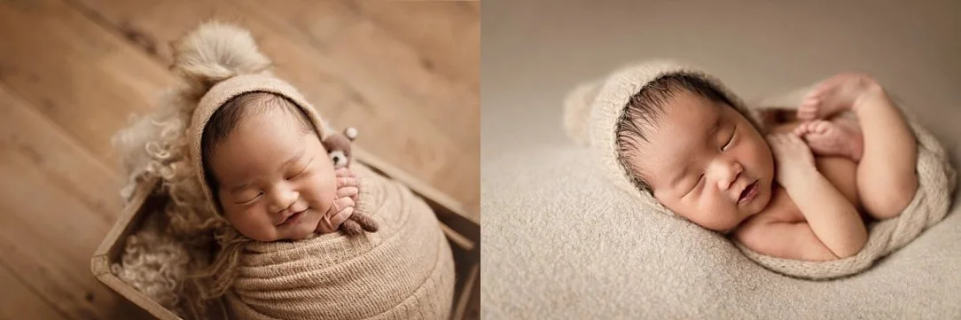 Sleeping newborn baby in a tan knit bonnet with a pom-pom, featuring wooden crate and cozy textures in a professional studio.