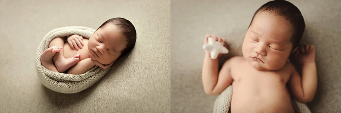 Sleeping newborn baby in a round knit "womb" wrap and a peaceful chest-up pose on a neutral backdrop.