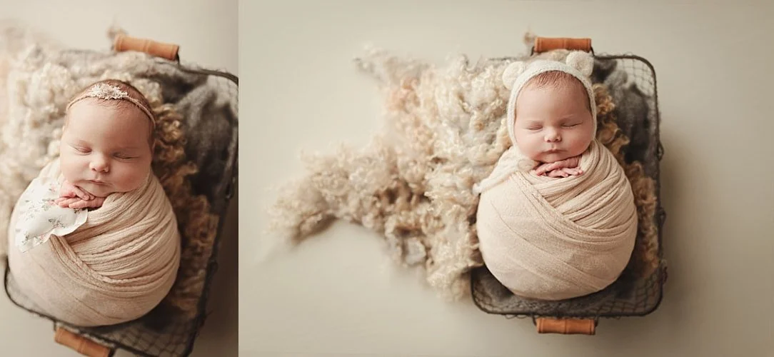 A side-by-side cream and beige toned collage: the left shows a swaddled newborn sleeping in a wire basket on a textured flokati rug with a floral pillow; the right features the baby in the same basket wearing a knit bear-ear bonnet.