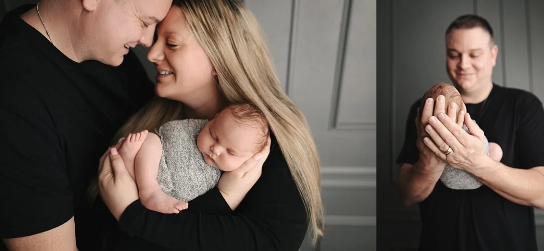 A side-by-side family collage: the left shows parents leaning in close while cradling their sleeping newborn, while the right features a close-up of the father holding the baby’s head against a grey paneled wall.
