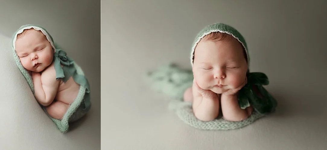 A side-by-side sage green collage: the left shows a sleeping newborn tucked in a side-lying pose, while the right features the baby in a classic frogs-on-hands pose resting their chin on their hands, both wearing a matching green knit bonnet.