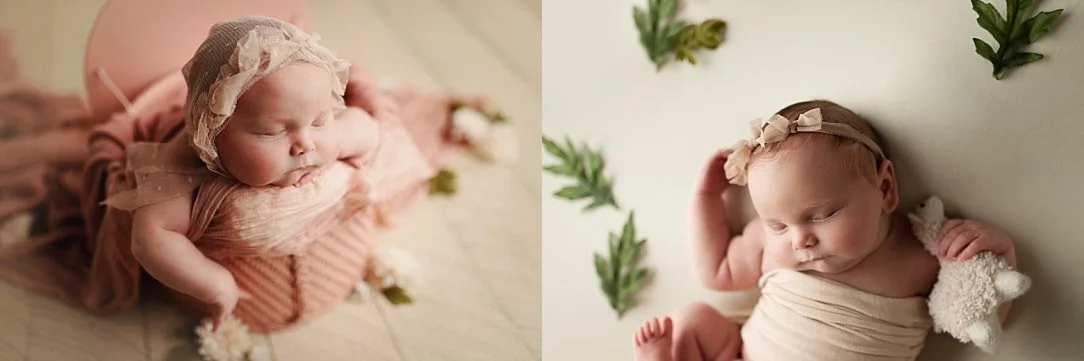 A side-by-side newborn girl collage: the left shows her wrapped in dusty pink inside a vintage prop basket, while the right features her wrapped in cream, holding a plush lamb toy.