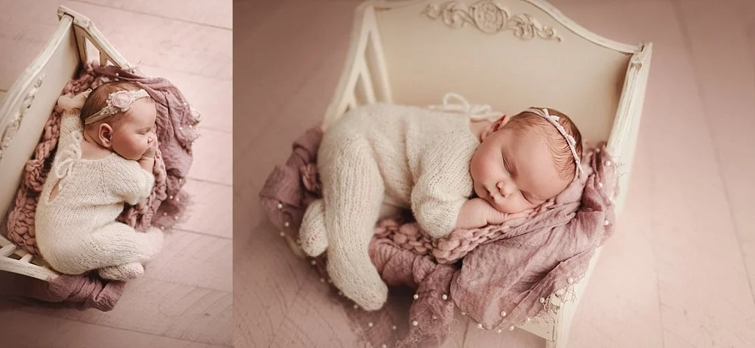 A side-by-side studio collage of a newborn baby girl sleeping peacefully in a cream knit romper and floral headband. She is posed on a dusty pink textured wrap inside a small, ornate white vintage bed prop against a light wooden floor.