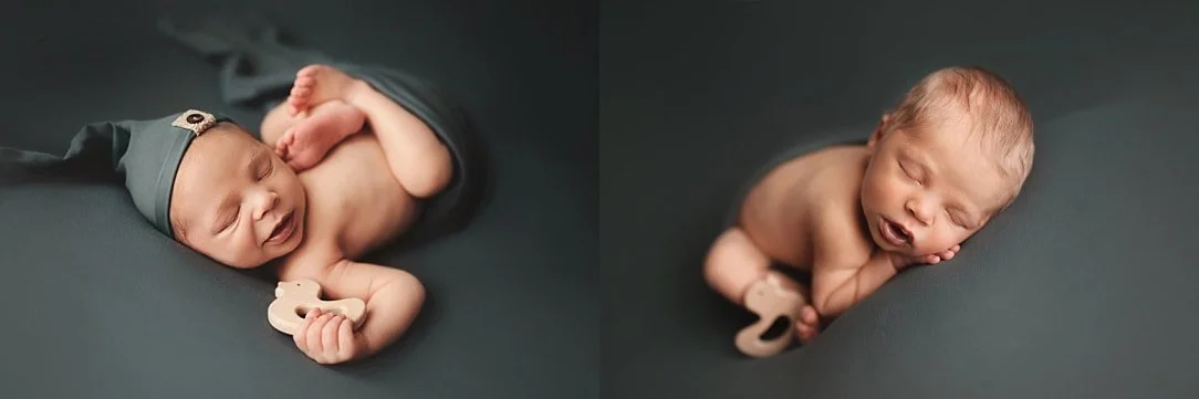 A side-by-side deep teal collage: the left shows a smiling newborn boy in a long-tail sleepy hat holding a wooden duck toy; the right features the baby sleeping soundly in a curled pose on a smooth backdrop.