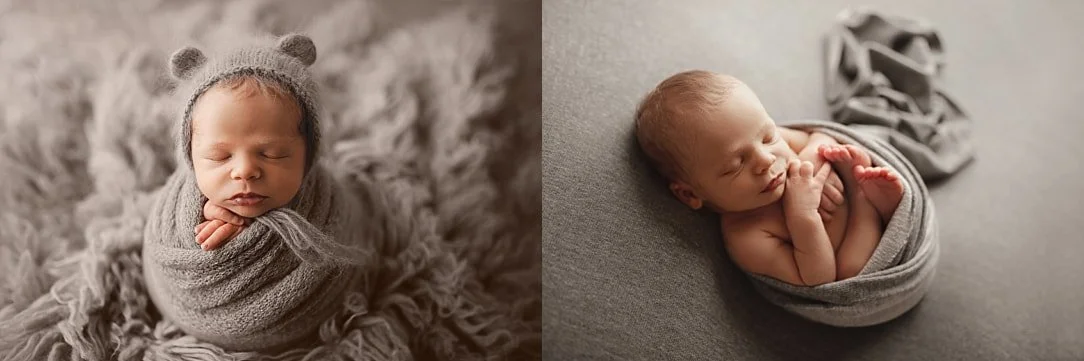 A side-by-side grey-toned collage: the left shows a swaddled baby sleeping in a textured flokati rug wearing a knit bear-ear bonnet, while the right features the newborn curled in a simple wrap on a smooth backdrop.