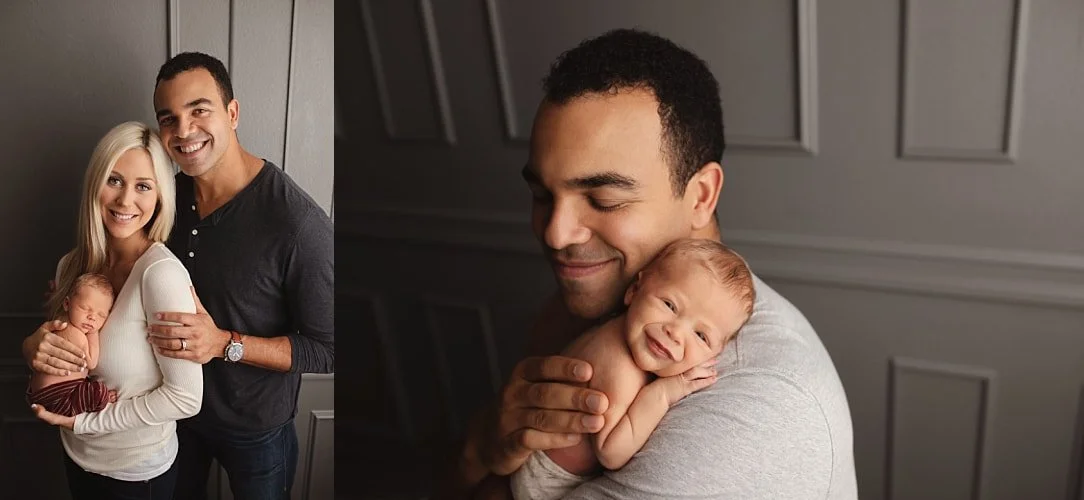 A side-by-side family collage: the left shows parents standing together with their sleeping newborn, while the right is a close-up of the father with his smiling baby resting on his shoulder.