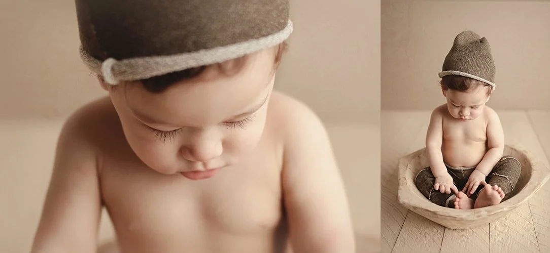 A side-by-side studio collage of an older infant. The left image is a shallow-focus close-up of the baby's face; the right shows the infant sitting in a rustic wooden bowl, wearing a brown knit hat and matching leggings on a light wooden floor.