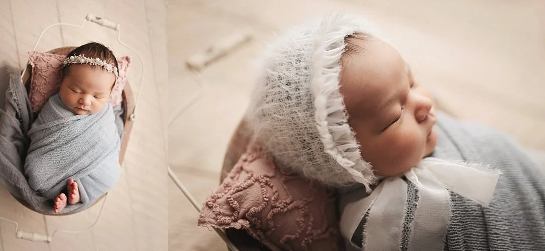 A side-by-side collage of a sleeping newborn girl: the left shows her swaddled in lavender in a vintage bucket with a floral headband; the right is a close-up profile wearing a fuzzy white bonnet.