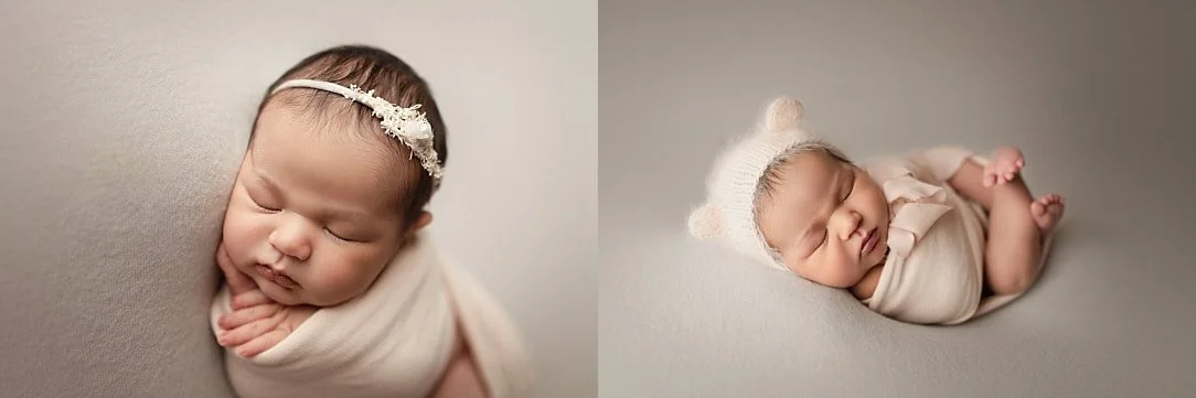 A side-by-side studio collage of a newborn girl sleeping in a cream swaddle. The left image shows her wearing a delicate lace headband, and the right features her in a soft knit bear-ear bonnet against a minimalist grey background.