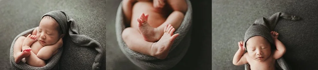 A three-image studio collage featuring a sleeping newborn in a grey knit bonnet and wrap. The triptych captures a peaceful overhead portrait, a macro close-up of tiny baby feet, and a sweet shot of the infant with their hands tucked near their head.