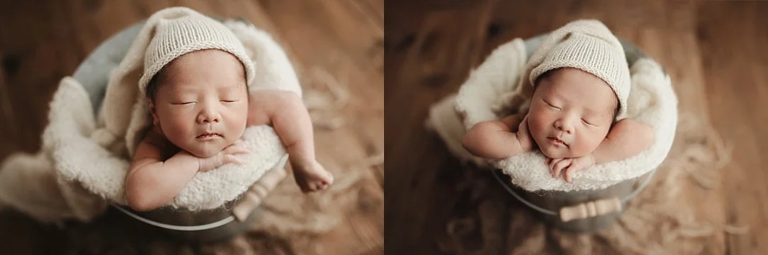 A side-by-side studio collage featuring a sleeping newborn posed in a vintage metal bucket. The infant wears a cream knit bonnet and is nestled in soft white fluff on a rustic wooden floor.
