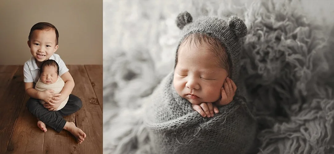 A side-by-side collage featuring a young boy holding his swaddled newborn sibling on a wooden floor, alongside a close-up of the infant in a grey bear-ear bonnet.