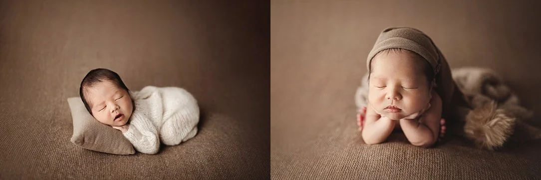 A side-by-side newborn photography collage in soft brown and cream tones.