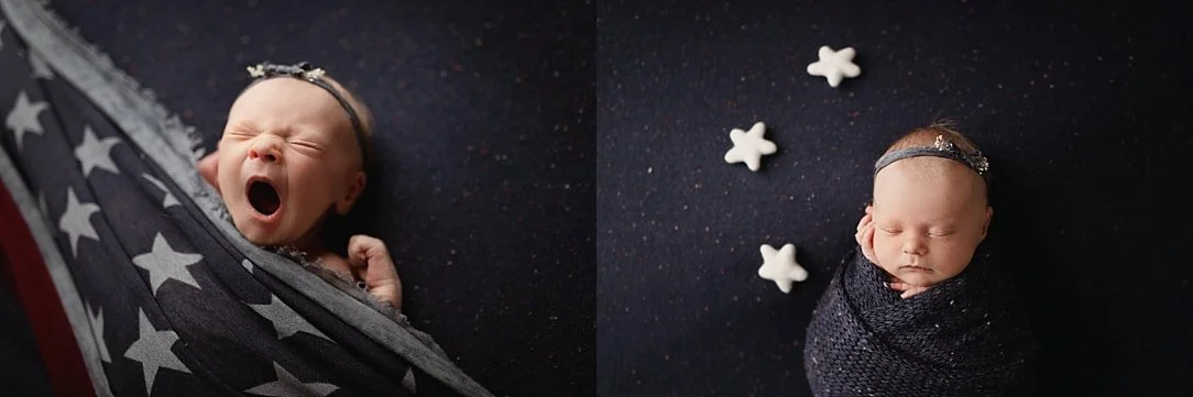 A side-by-side newborn photography collage featuring a baby yawning while wrapped in an American flag-themed swaddle on the left, and a sleeping infant in a navy wrap surrounded by small white stars on the right.