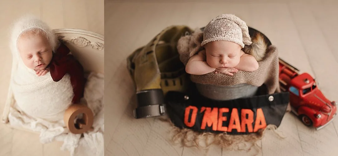 A side-by-side newborn photography collage. The left side features a baby swaddled in white with a red bow, while the right side shows a newborn posed in a bucket surrounded by firefighter gear and a vintage red fire truck toy.