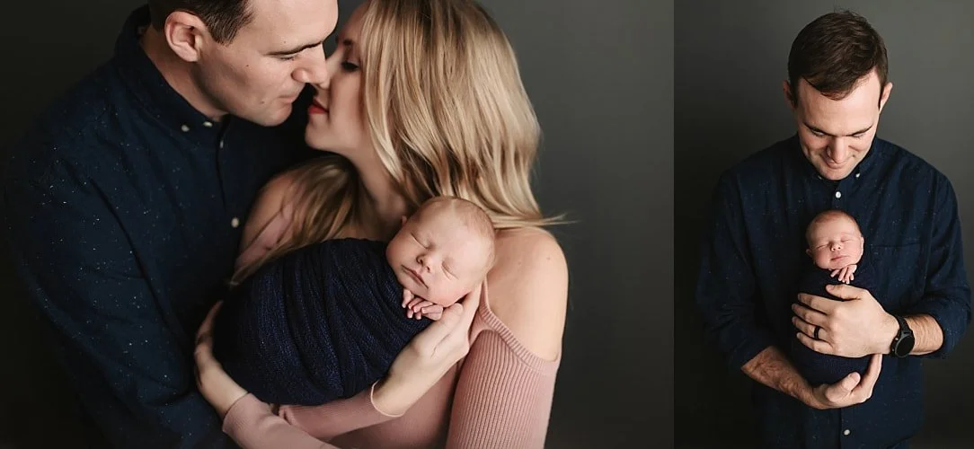 A side-by-side studio photography collage. On the left, a mother and father share a tender moment while holding their swaddled newborn. On the right, a close-up shot focuses on the father cradling the baby against a dark, moody background.