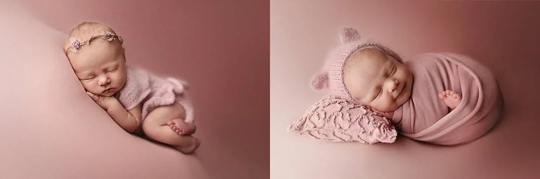 A side-by-side newborn photography collage featuring a baby girl sleeping in a floral headband on the left, and a smiling infant swaddled in a mauve wrap with a bear-eared bonnet on the right.