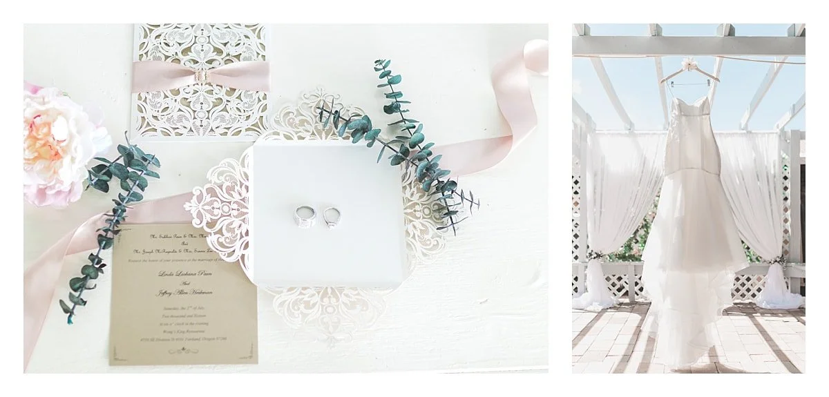 A side-by-side wedding collage featuring a flat lay of laser-cut invitations, rings, and eucalyptus on the left, and a white bridal gown hanging from a pergola on the right.