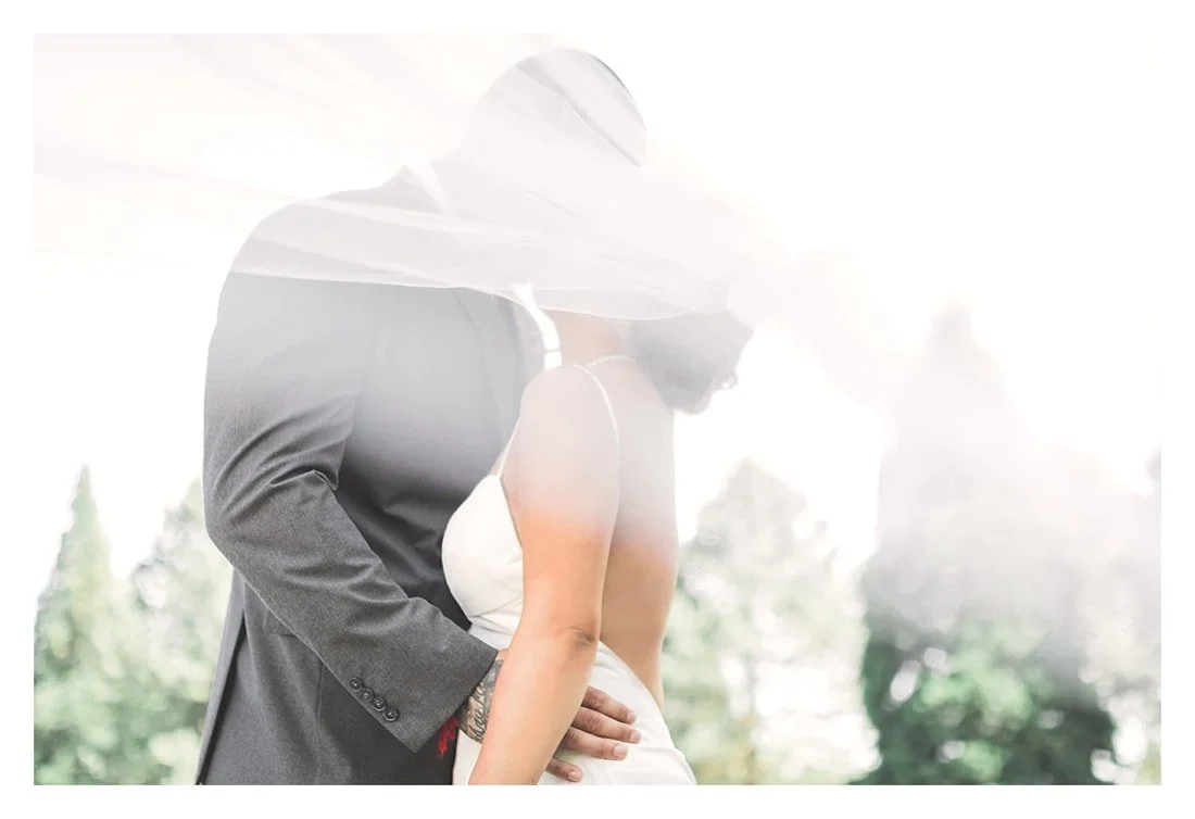 A romantic wedding portrait of a bride and groom in an outdoor Oregon setting, partially obscured by a flowing white veil with soft, hazy lighting.