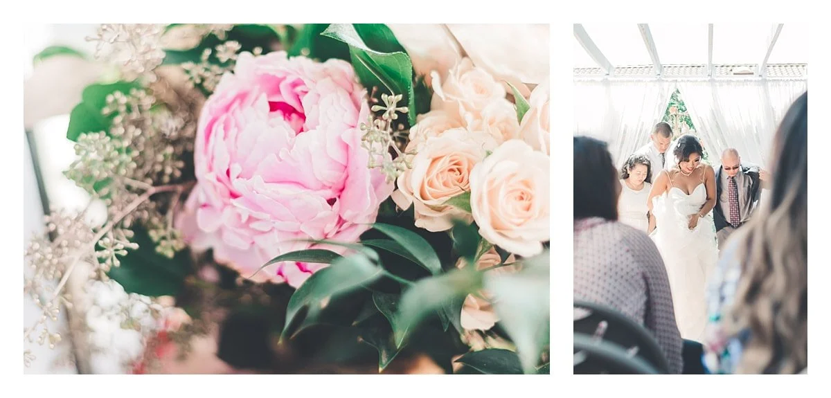 A wedding collage featuring a close-up of pink peonies and peach roses alongside a bright, airy shot of a bride walking down the aisle at an outdoor ceremony.