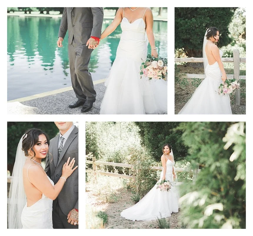 A multi-image collage of a Cambodian wedding featuring a bride in a gold lace gown, a groom in a red and gold silk tunic, a tea ceremony ritual, and emotional family moments.