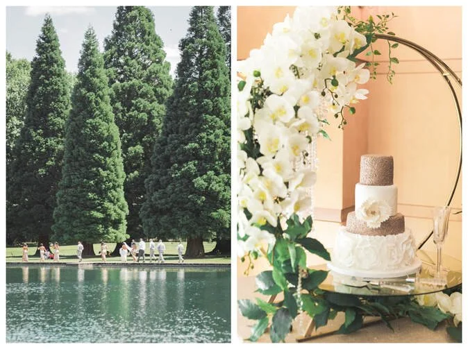 A side-by-side collage showcasing a wedding party walking past towering sequoia trees by a lake, paired with a white and gold sequin tiered wedding cake framed by a floral hoop.