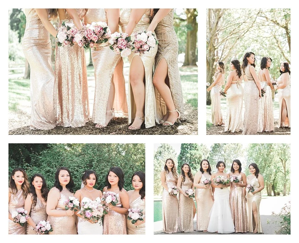 A bright, outdoor wedding collage featuring bridesmaids in shimmering gold and rose-gold sequin dresses.