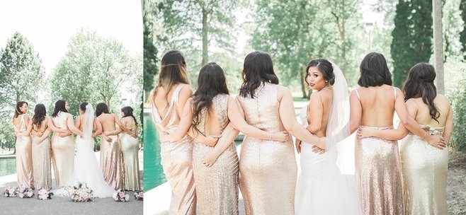 A two-image collage of a bride and her bridesmaids standing by a pool in an outdoor park; they are all facing away from the camera, wearing rose gold sequin gowns, while the bride in a white backless dress looks back over her shoulder.