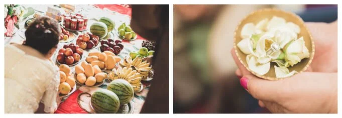 A two-image collage of a Cambodian wedding; the left frame shows a table laden with traditional fruit offerings like mangoes and watermelons, and the right frame is a close-up of a diamond engagement ring nestled in a white jasmine flower.