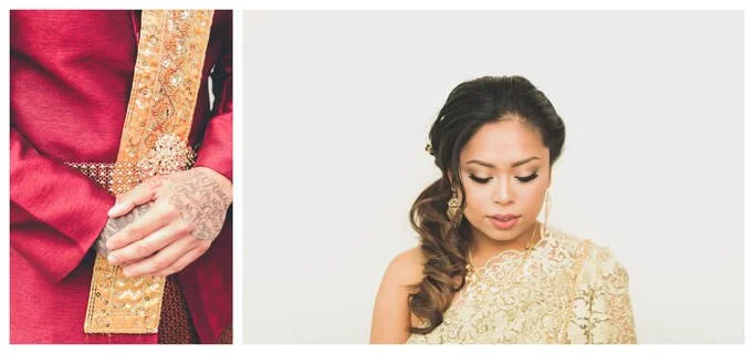 A two-image collage of a Cambodian wedding; the left frame shows a groom's hand rested on his traditional maroon and gold silk sash, and the right frame is a graceful portrait of the bride in a gold lace gown with elegant side-swept hair.