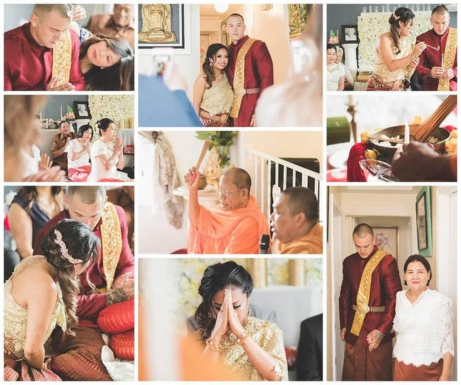 A wedding procession where guests dressed in traditional Cambodian silk garments carry silver trays of fruit and symbolic offerings down a suburban street.