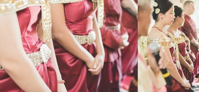 A two-image collage of a Cambodian wedding party; the left frame shows a close-up of bridesmaids in matching maroon silk gowns with ornate gold belts, and the right frame shows them standing in a row during the ceremony.