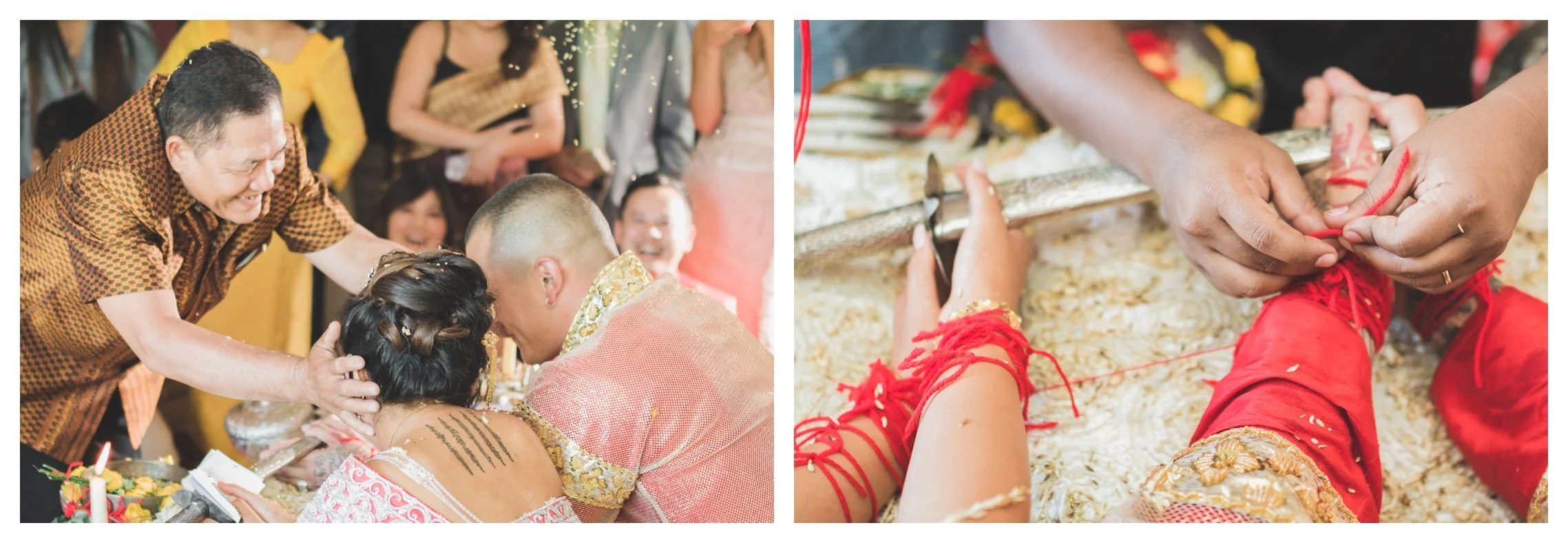 A two-image collage of a Cambodian wedding; the left frame shows an elder blessing the couple during a hair-cutting ritual, and the right frame is a close-up of the knot-tying ceremony (Som Phat) with red strings and jasmine flowers.