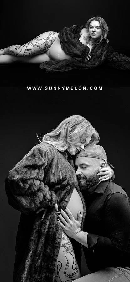 A two-image collage featuring black and white maternity portraits; the top image shows a woman reclining in a fur coat, and the bottom image shows a couple in an intimate embrace against a dark background.